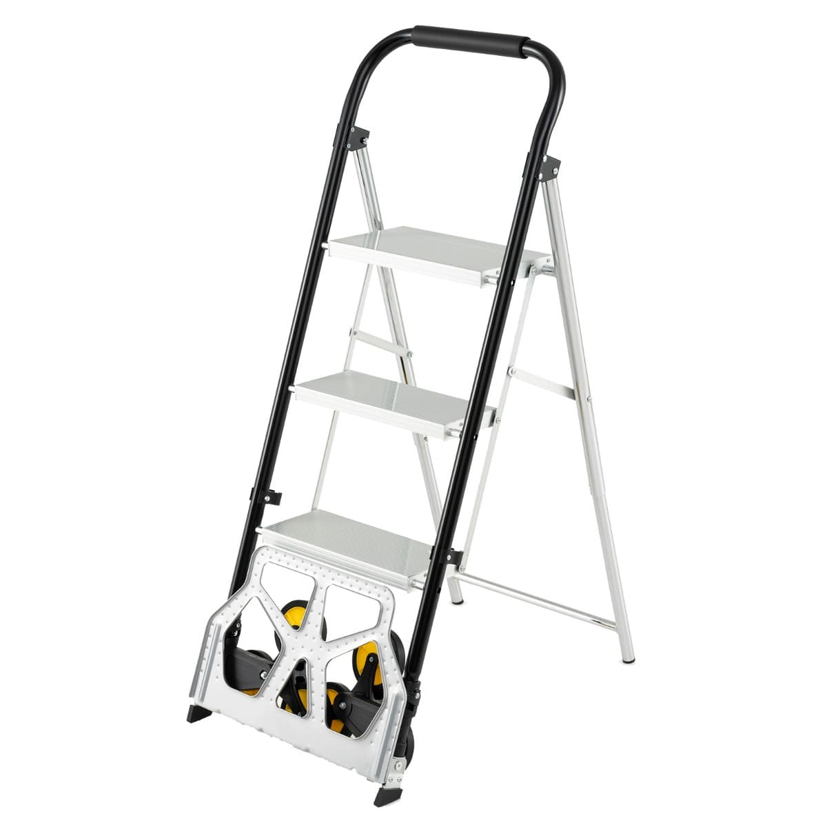 CostwayDiable Pliable et Échelle 2 En 1 Escabeau en Aluminium à 3 Marches avec Pédales Antidérapantes & Roues en Caoutchouc Charge 250 kg Noir