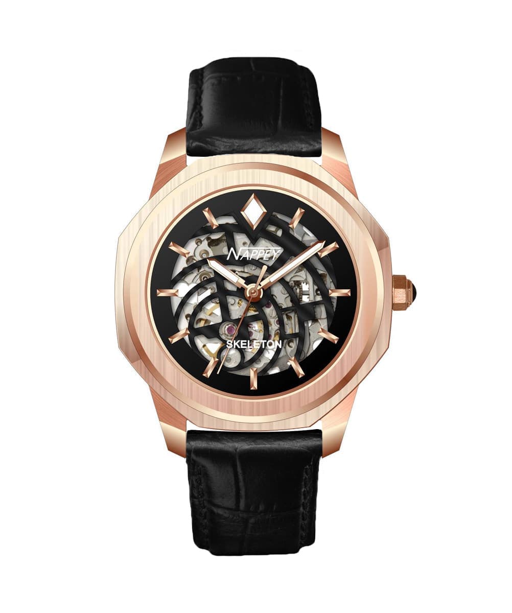 MONTRE NAPPEY SKELETON ROSE GOLD AND BLACK LEATHER BLACK