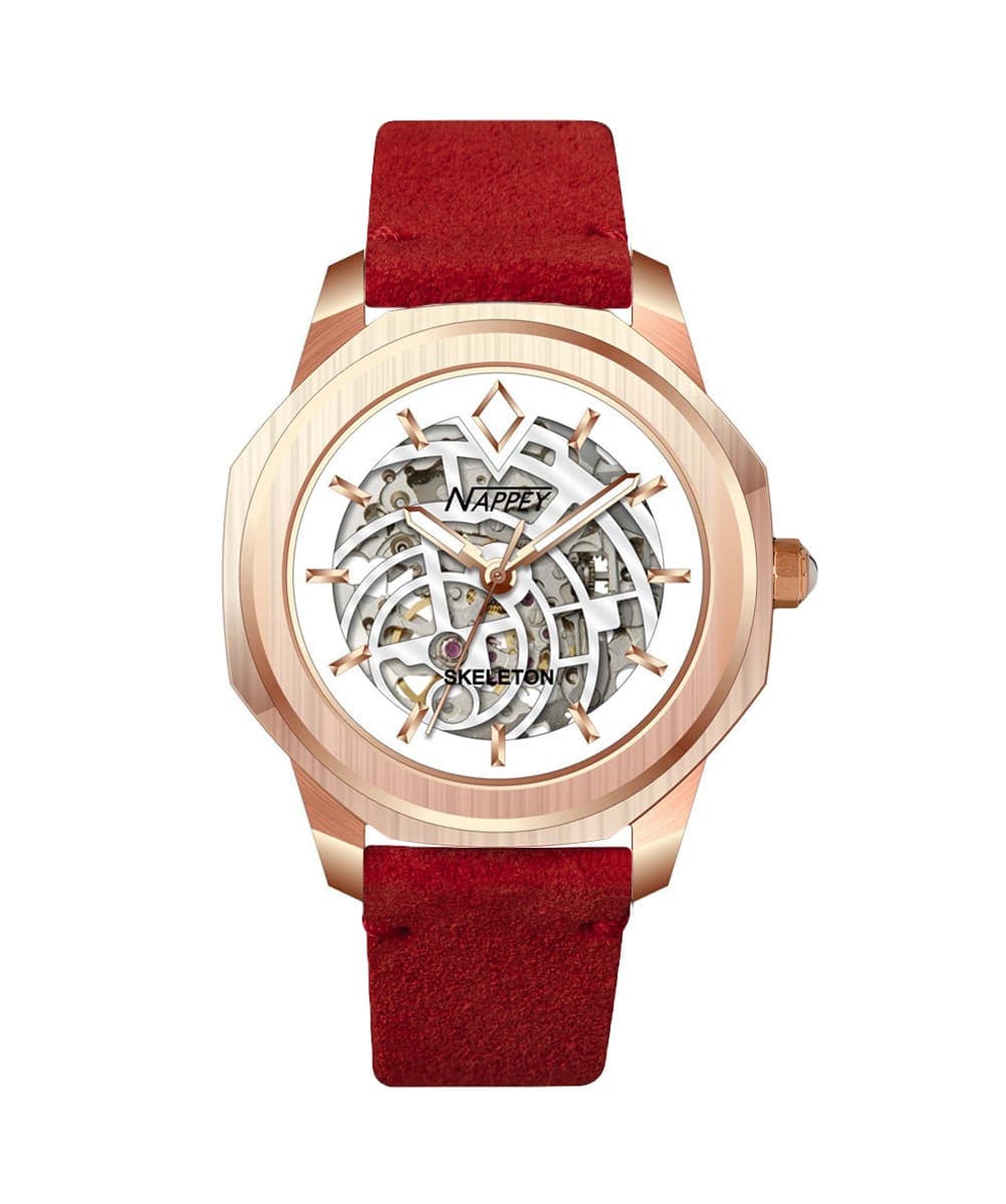 MONTRE NAPPEY SKELETON ROSE GOLD AND WHITE SUEDE RED