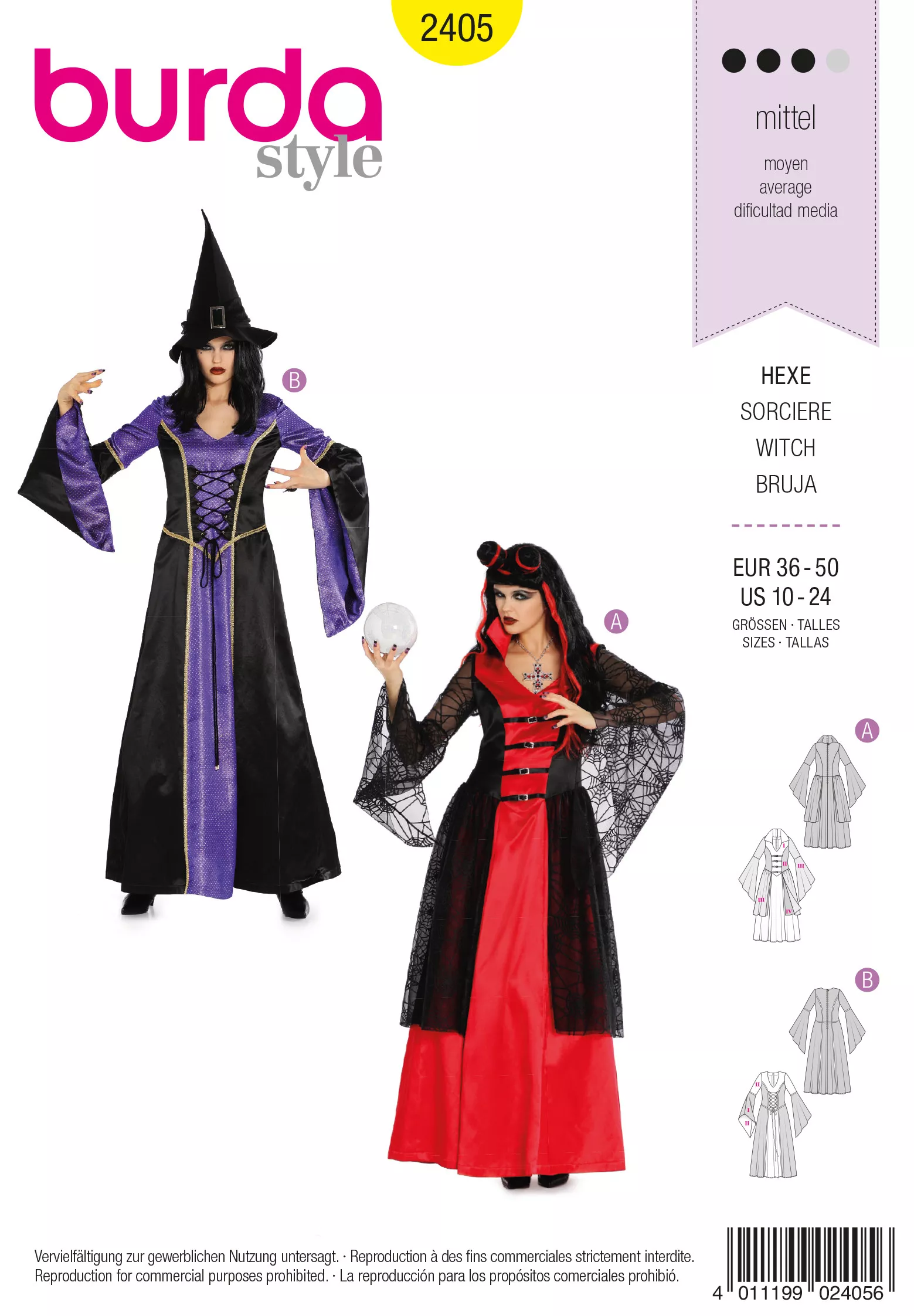 Patron Burda Carnaval 2405 - Déguisement Robe Moyen - âge, sorcière ou voyante Femme