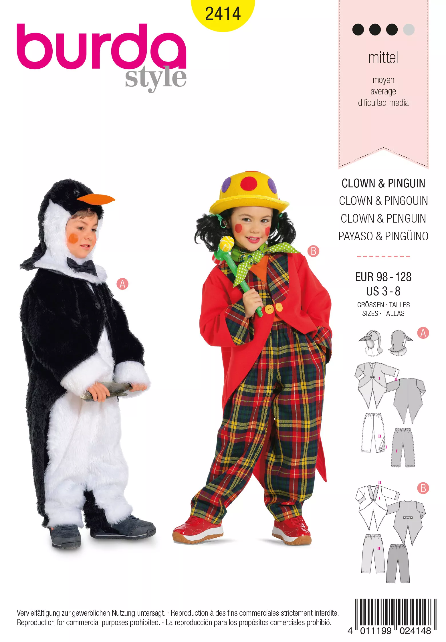 Patron Burda Carnaval 2414 - Déguisement Pingouin et Clown enfant