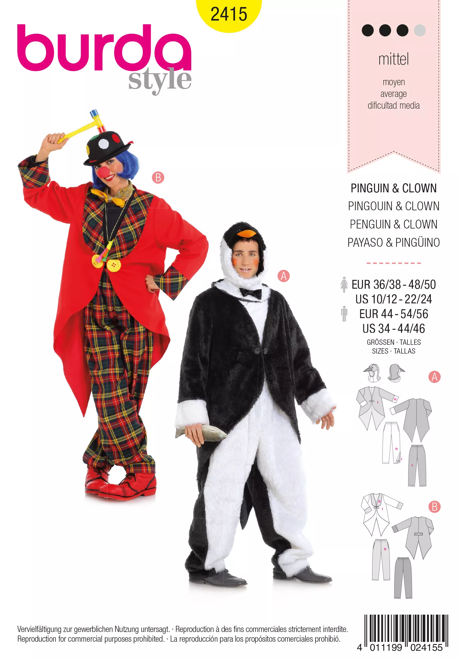 Patron Burda Carnaval 2415 - Déguisement Pingouin & clown Adulte Mixte