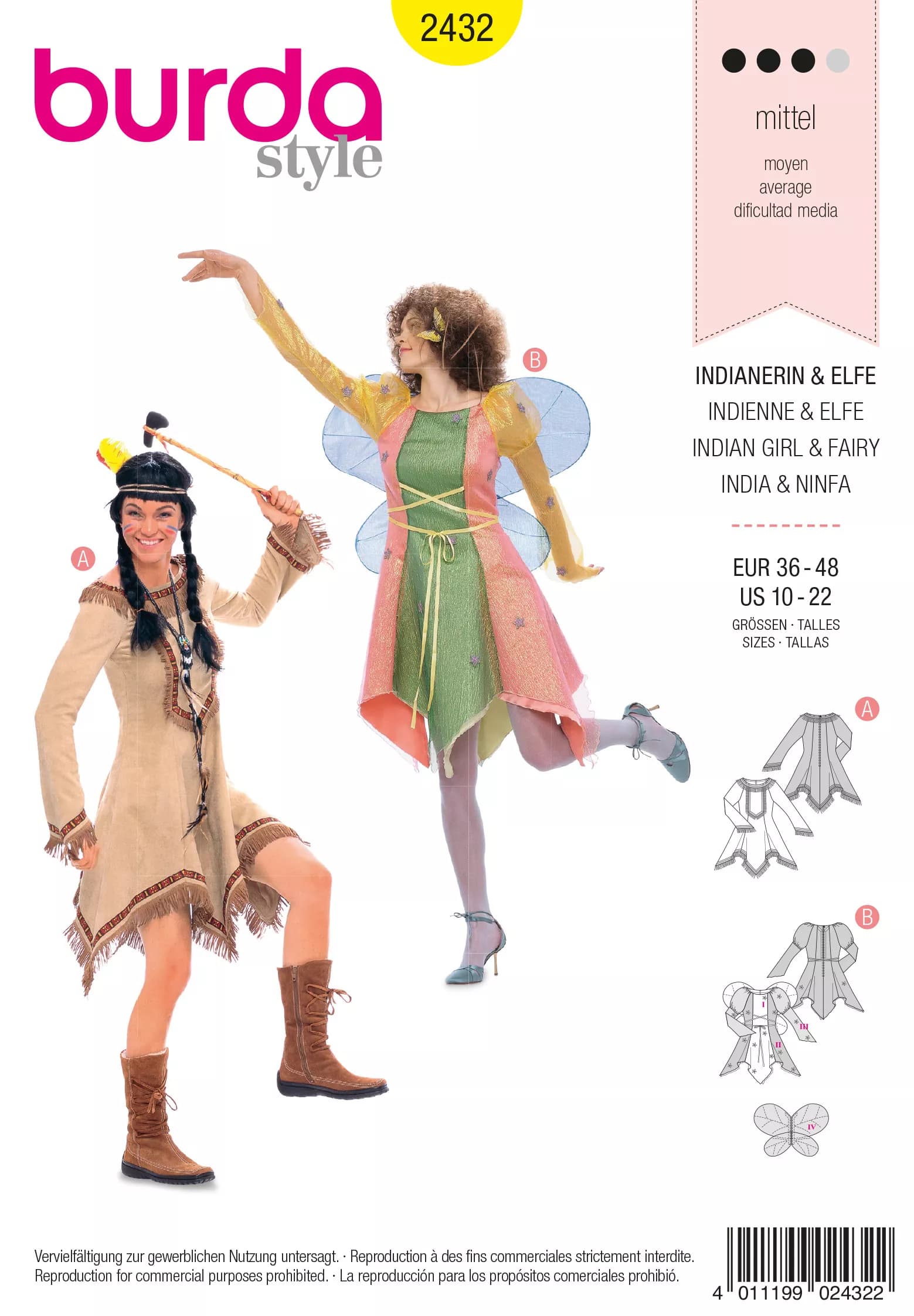 Patron Burda Carnaval 2432 - Déguisement indienne et elfe Femme