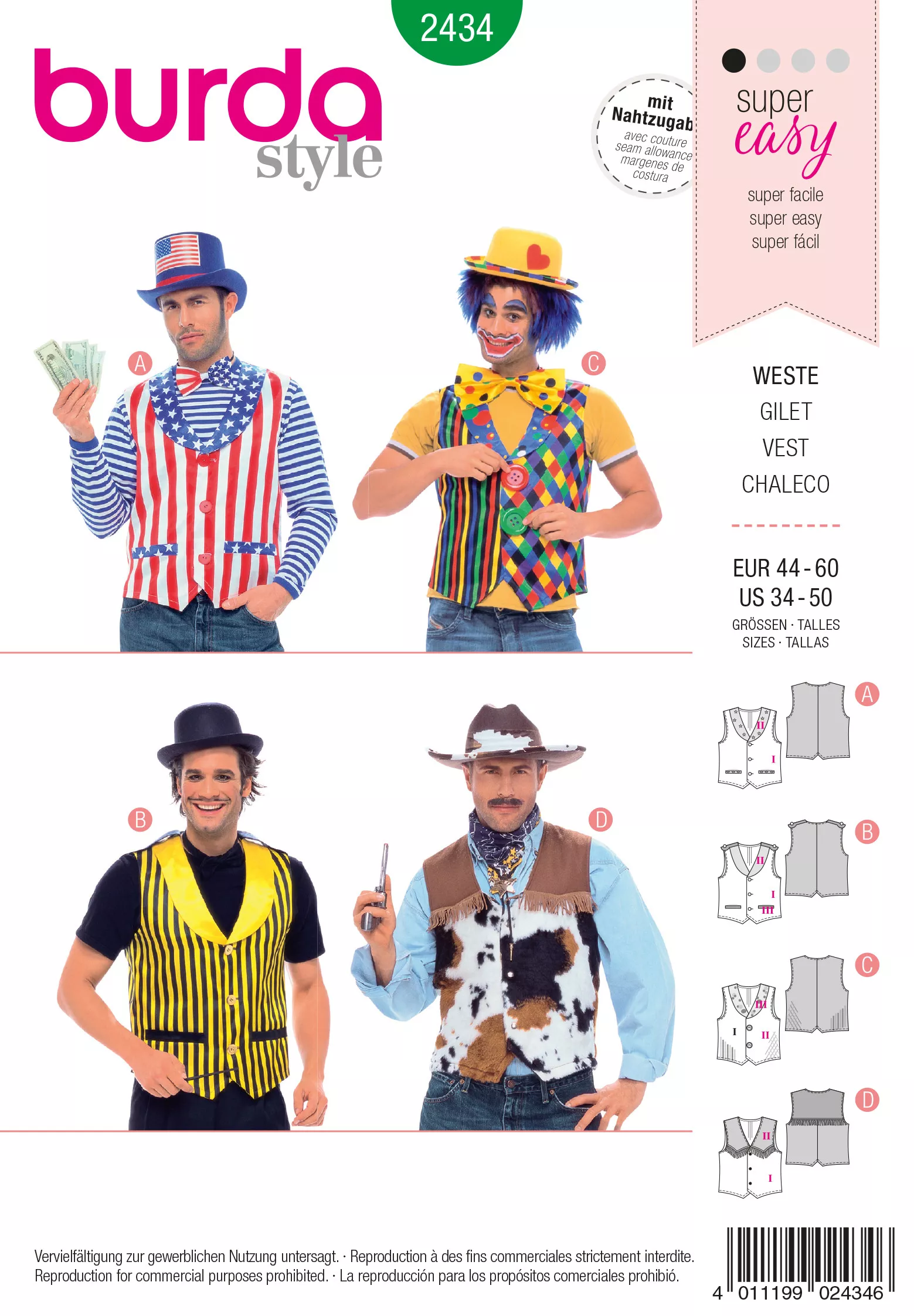 Patron Burda Carnaval 2434 - Déguisement Gilets Homme
