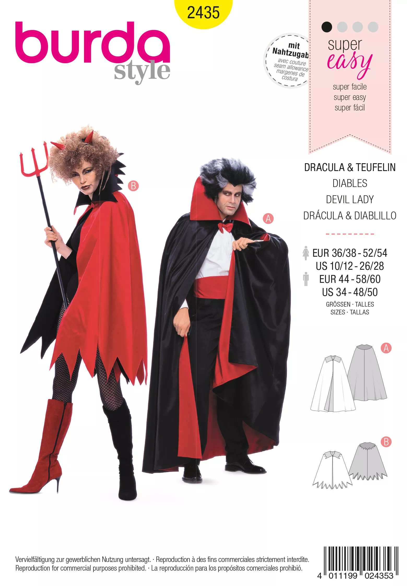 Patron Burda Carnaval 2435 - Déguisement Dracula, diablotine Adulte Mixte