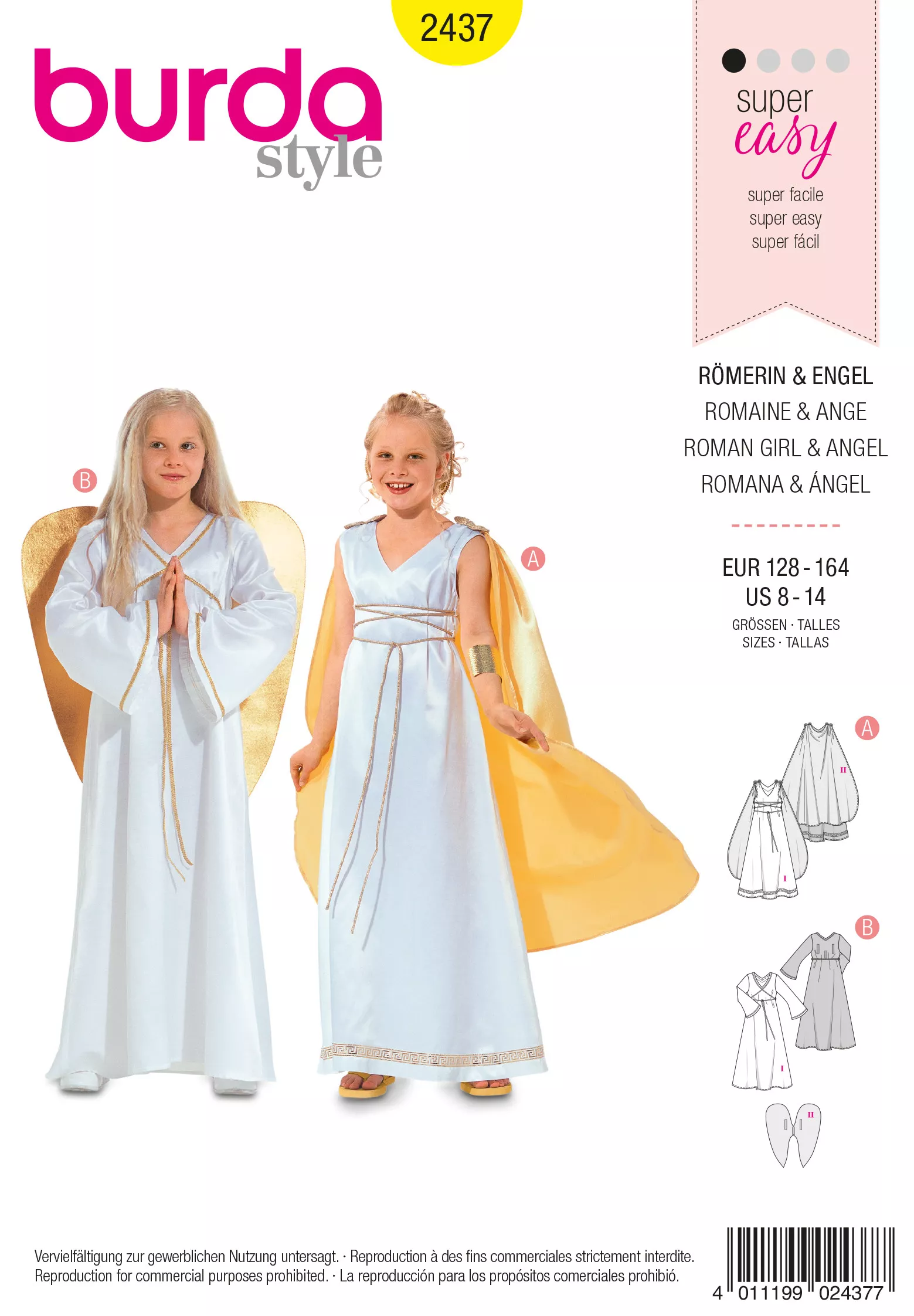 Patron Burda Carnaval 2437 - Déguisement Dame romaine et Ange enfant
