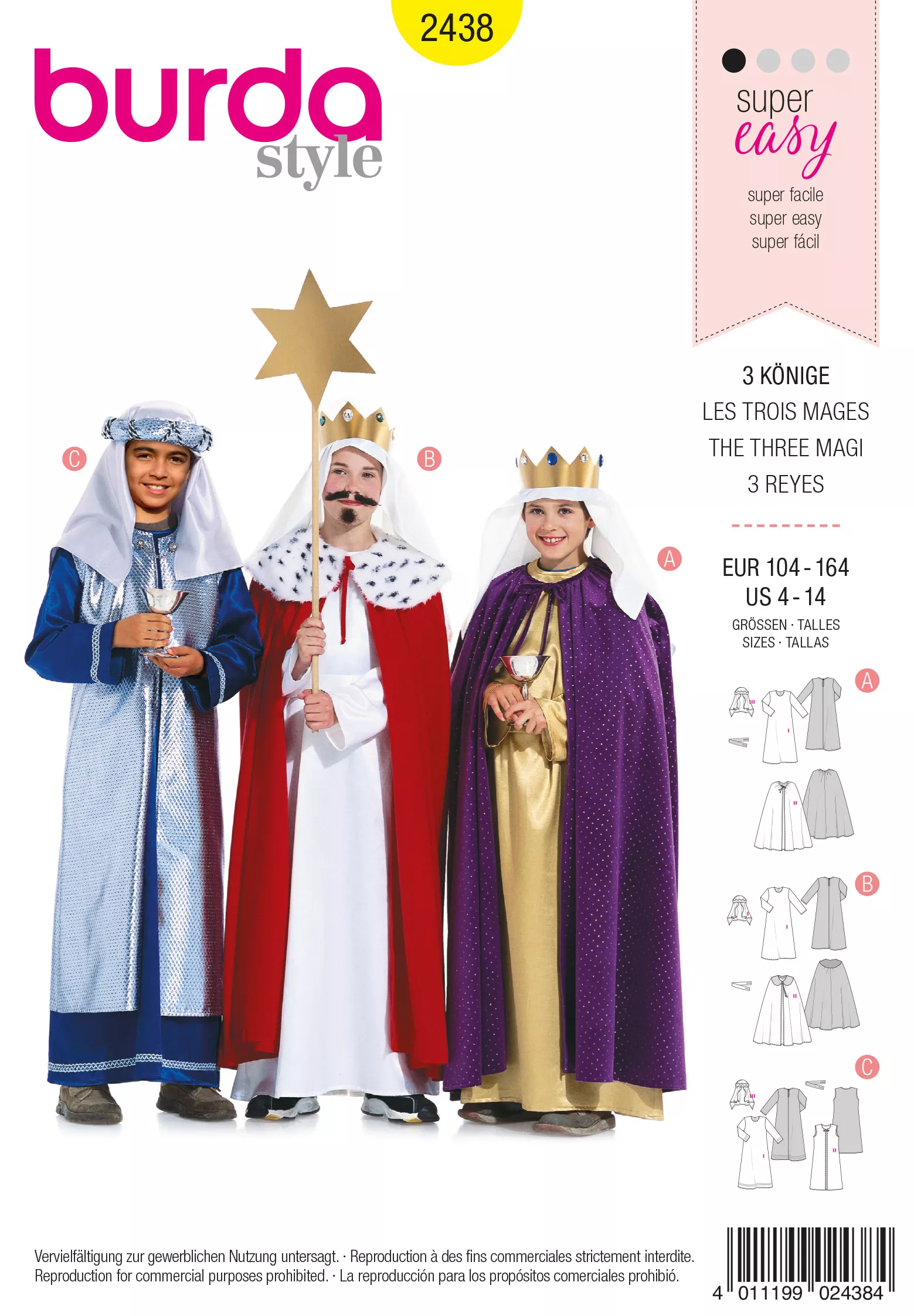Patron Burda Carnaval 2438 - Déguisement Historique Les Rois Mages enfant