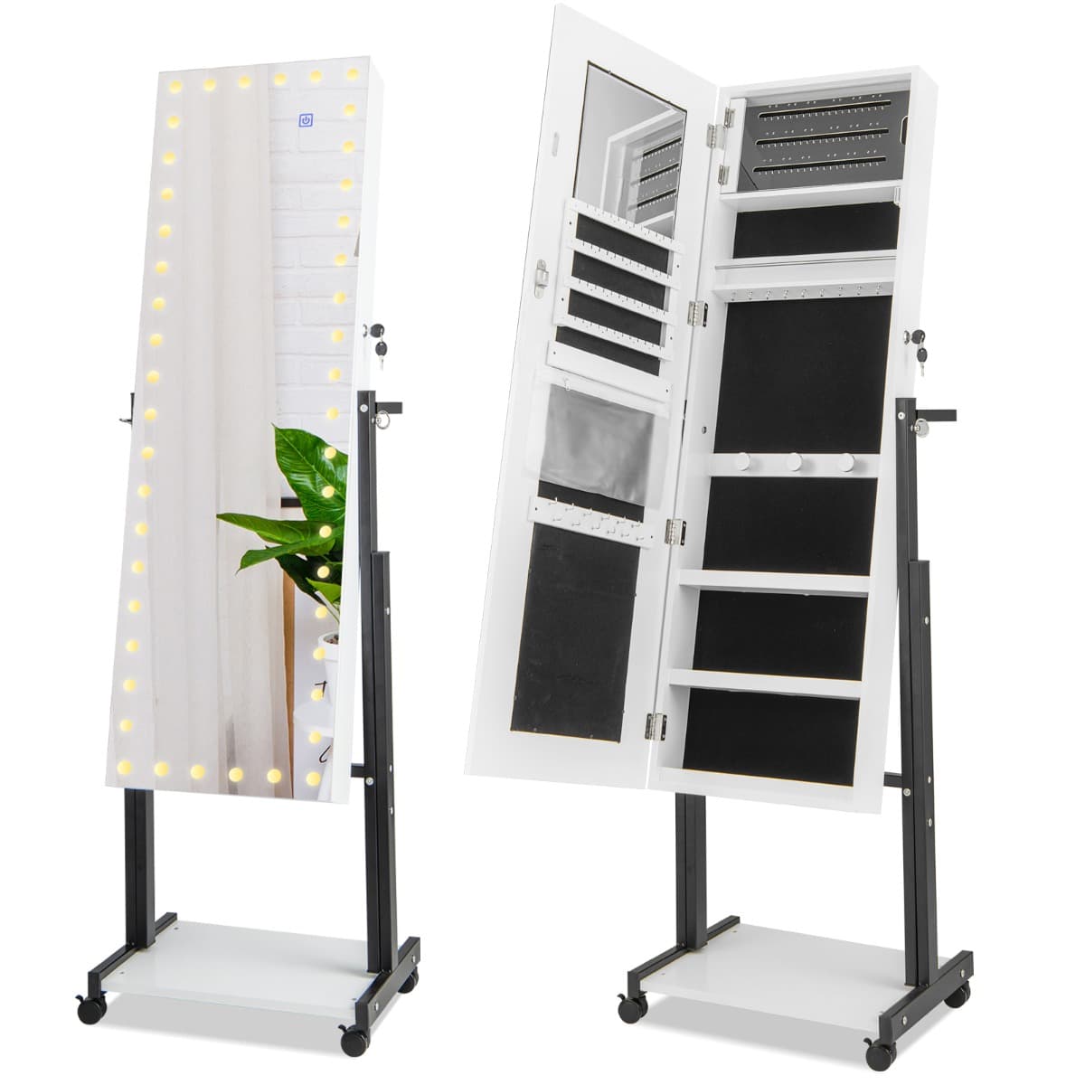 Armoire à Bijoux à Roulettes Miroir Pleine Longueur Lumières LED, Hauteur Angle Réglables Interrupte