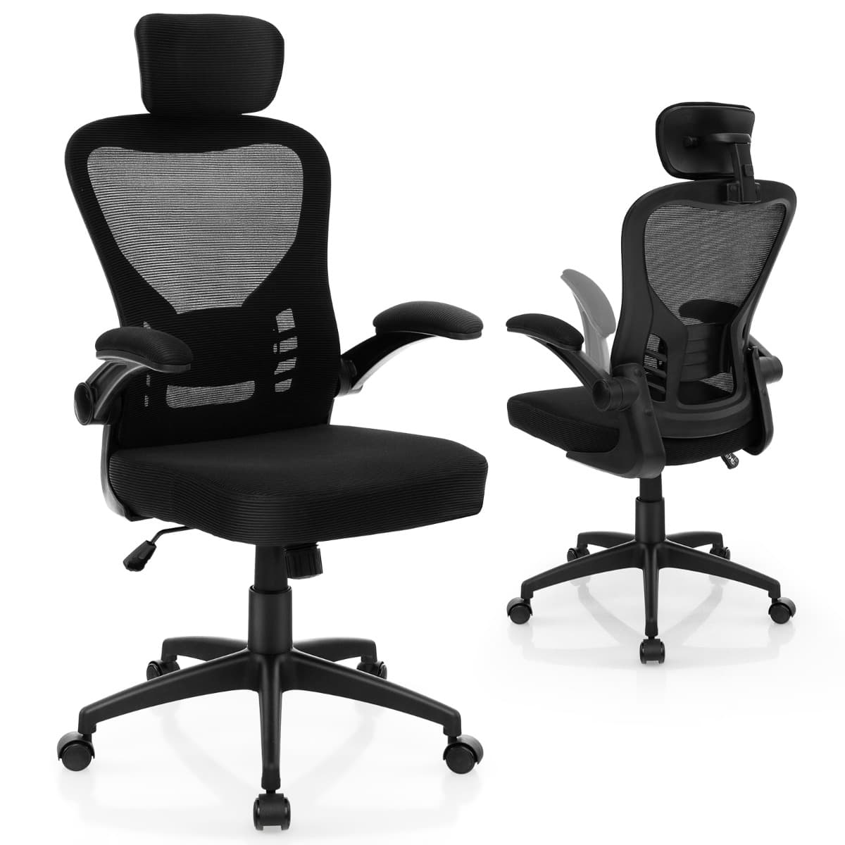 Chaise de Bureau Ergonomique en Maille Chaise de Direction Accoudoirs Rabattables Hauteur et Appui-t